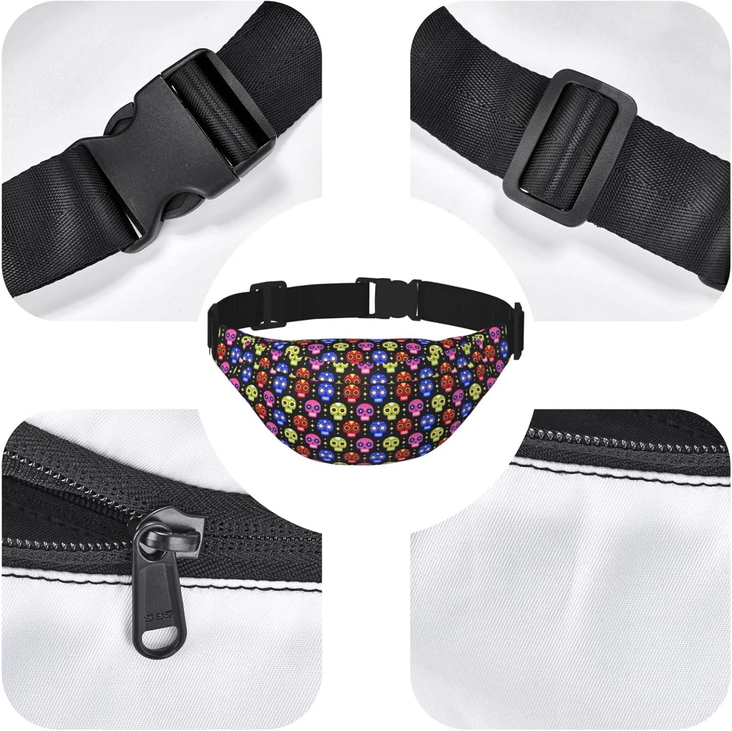 Fanny Pack for Women Men,Cute Sugar Skulls Large Crossbody Waist Pack Belt Bag for Workout Hiking Running Travel