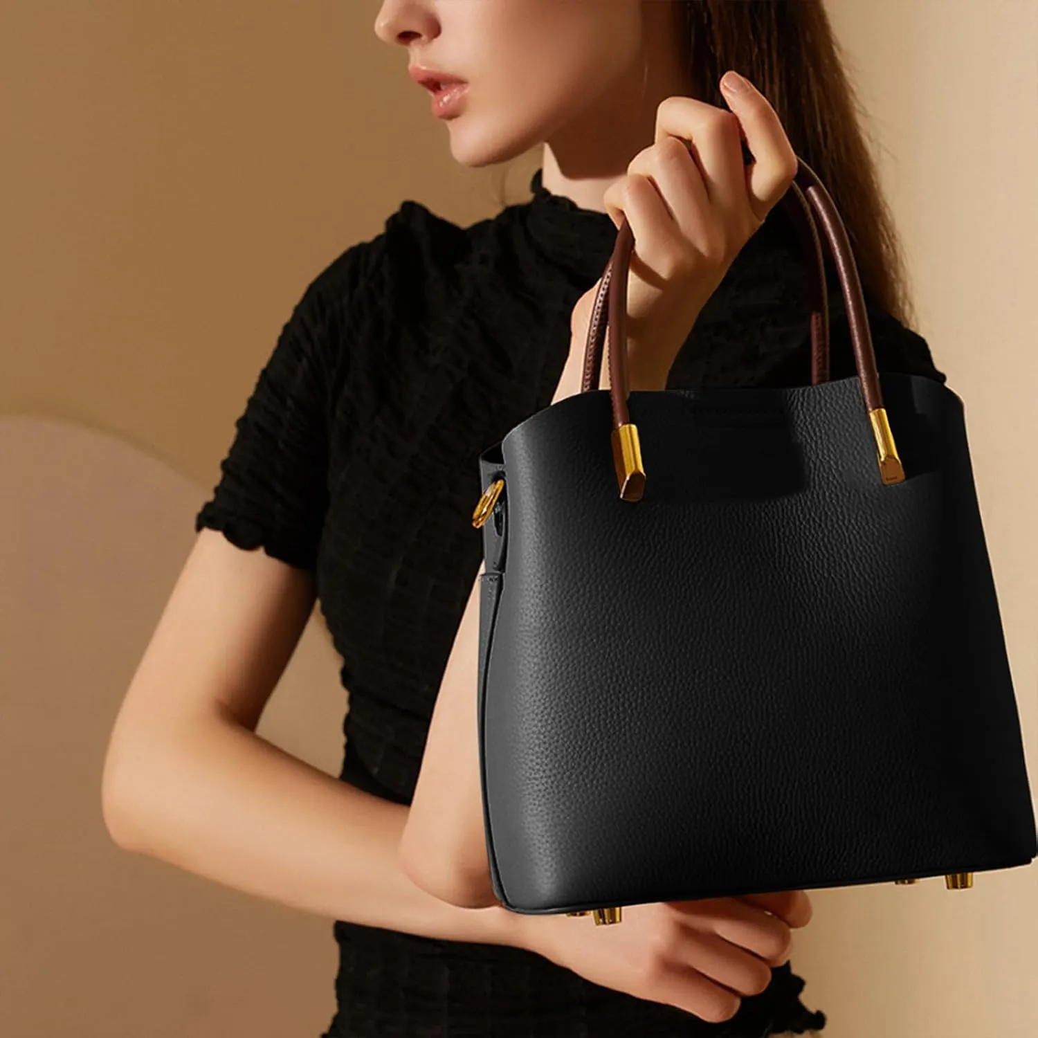 Genuine Leather Bucket Bag for Women, Top-Handle Handbags, Bucket Purses for Women with Two Removable Straps
