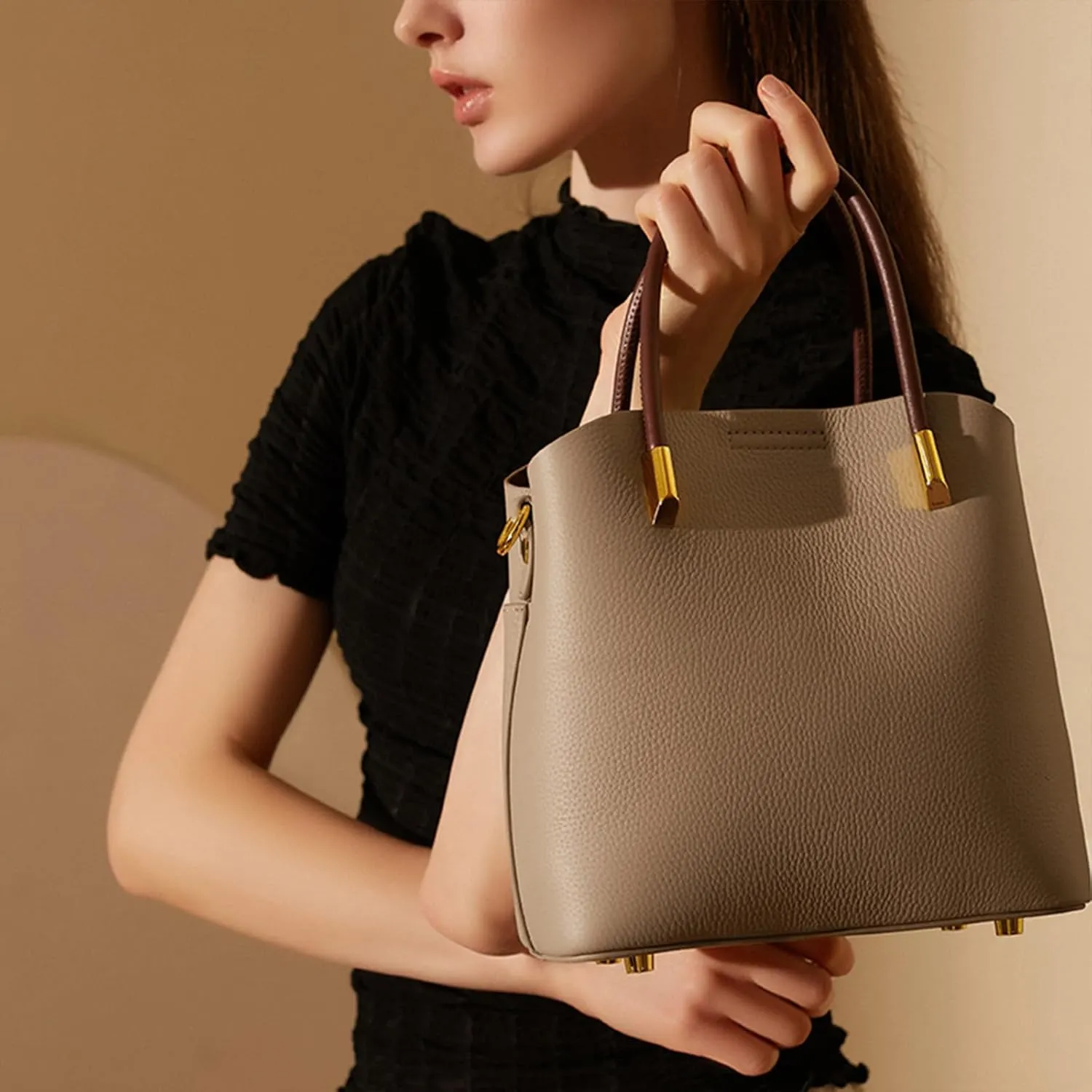 Genuine Leather Bucket Bag for Women, Top-Handle Handbags, Bucket Purses for Women with Two Removable Straps