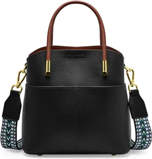 Genuine Leather Bucket Bag for Women, Top-Handle Handbags, Bucket Purses for Women with Two Removable Straps