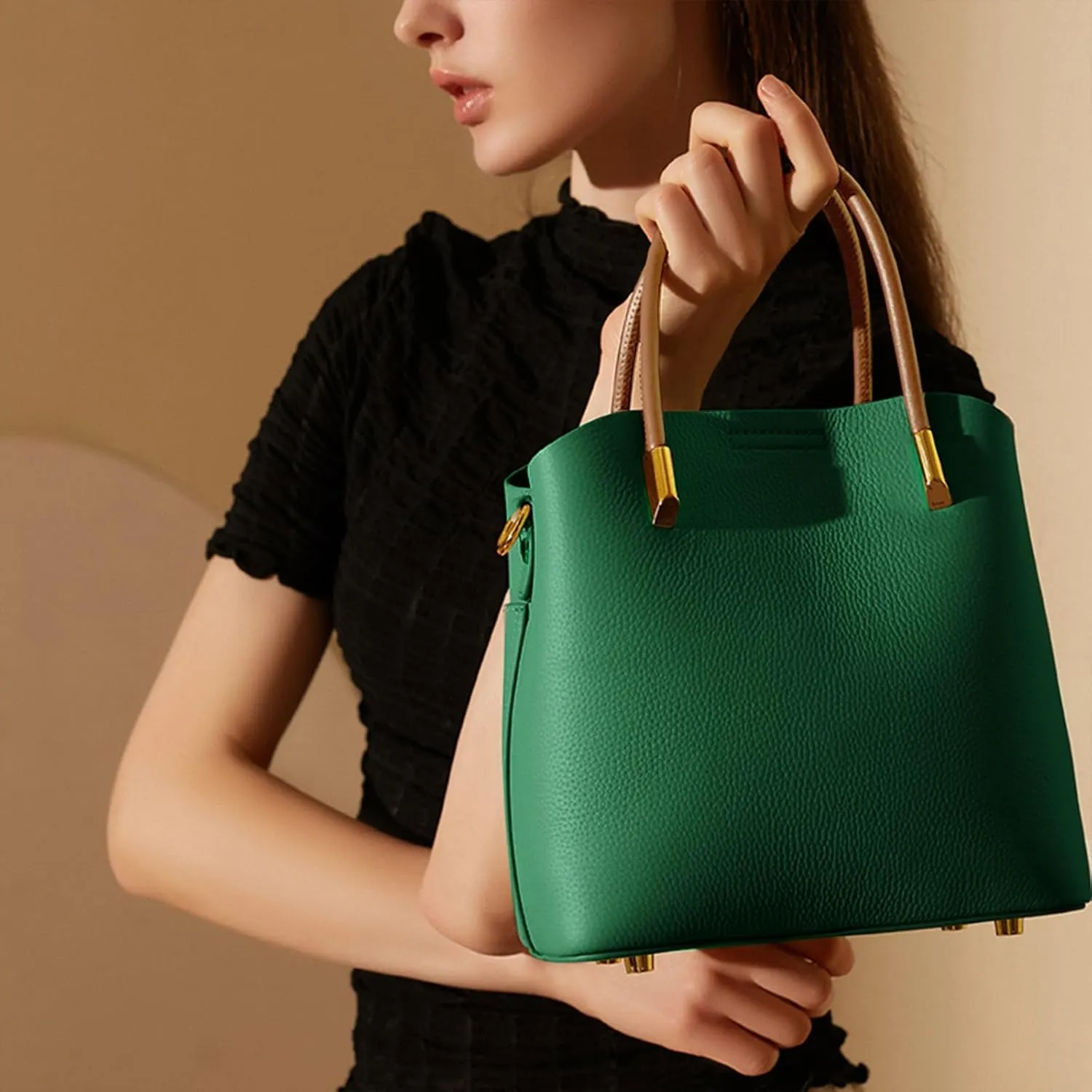 Genuine Leather Bucket Bag for Women, Top-Handle Handbags, Bucket Purses for Women with Two Removable Straps