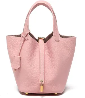 Genuine Leather Purses and Soft Bucket Bags, Stylish Lock Design Solid Color Tote Bag, Lychee Pattern Basket Bags
