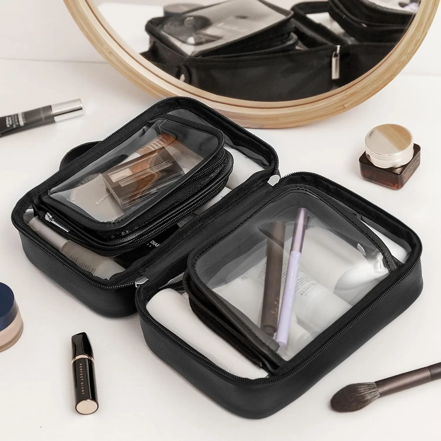 GRANNY SAYS TSA Approved Toiletry Bag, Clear Makeup Bag, Travel Toiletry Bag for Women, Leather Travel Cosmetic Bag, Portable PVC Waterproof Bag, Small Makeup Organizer, Black