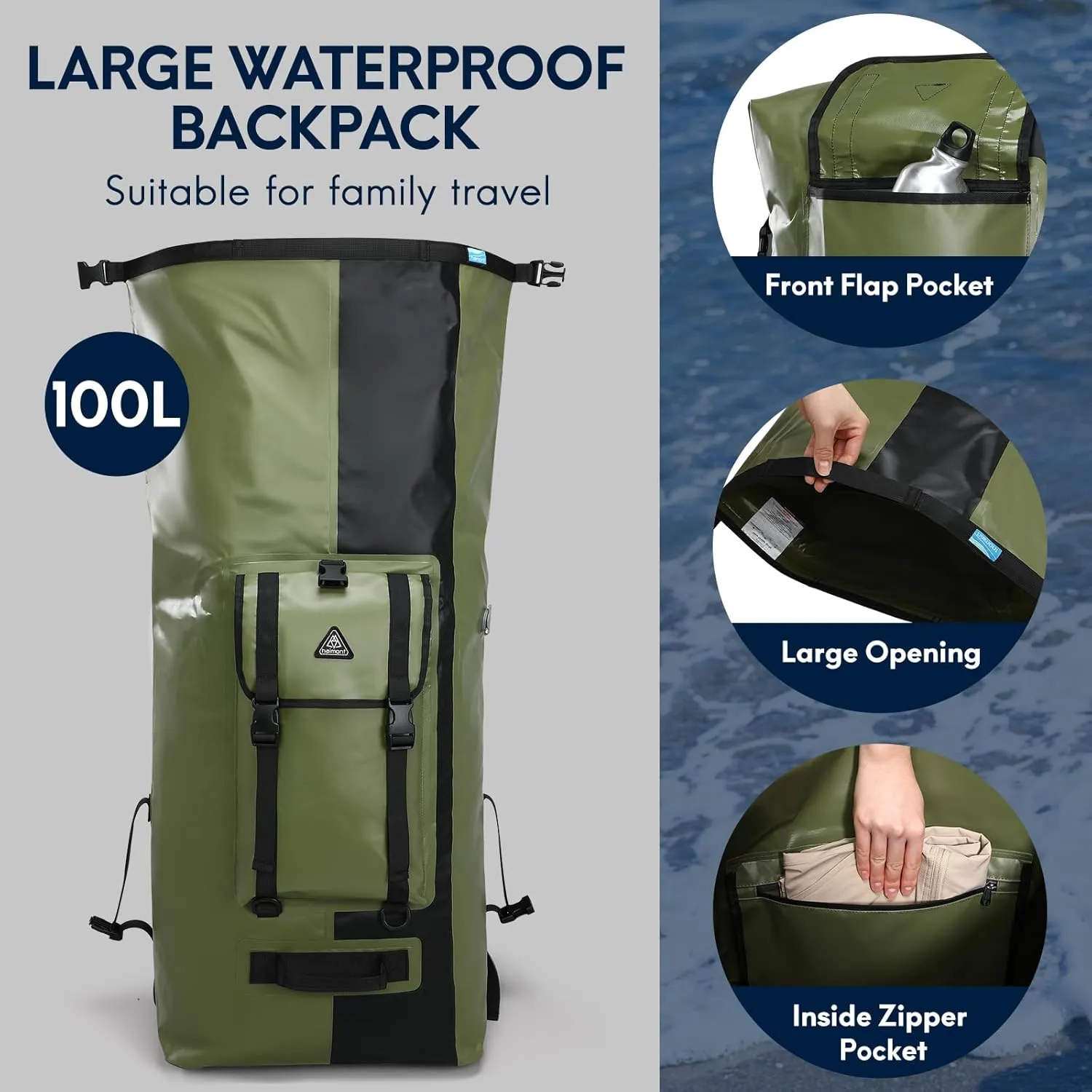 Haimont 100% Waterproof Roll-Top Backpack Heavy Duty Large Capacity IPX7 Dry Bag for Kayaking Rafting SUP Camping, 60/100L