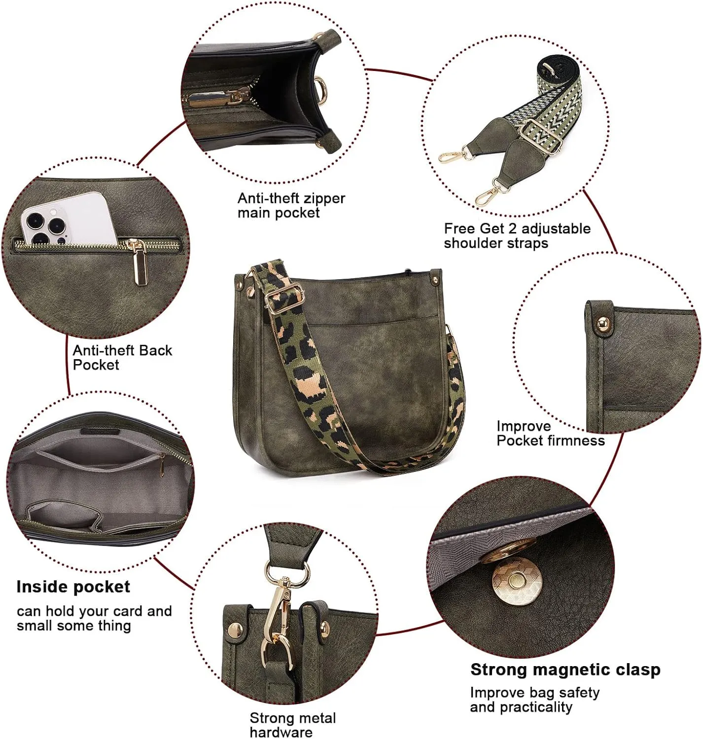 HKCLUF Crossbody Bag Purse for Women 2PCS/Set Leather Hobo Handbag Wallet Set With 2Adjustable Guitar Strap Shoulder Bag