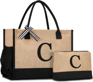 Initial Canvas Tote Bag Birthdays Gift for Women Mom Teacher Friend Bridesmaid,Custom for Wedding Beach Holidays