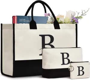 Initial Canvas Tote Bag Birthdays Gift for Women Mom Teacher Friend Bridesmaid,Custom for Wedding Beach Holidays