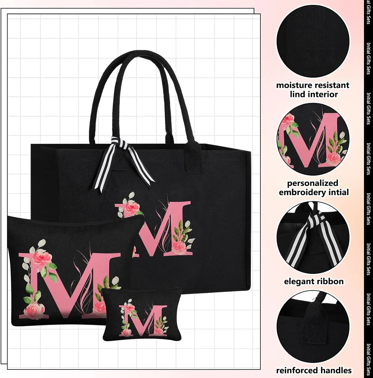 Initial Canvas Tote Bag for Women Personalized Birthday Gift Makeup Bag Monogram Initial Tumbler for Mother Bridesmaid(Letter M)