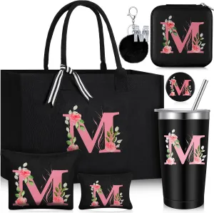 Initial Canvas Tote Bag for Women Personalized Birthday Gift Makeup Bag Monogram Initial Tumbler for Mother Bridesmaid(Letter M)