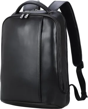 Masa Kawa Slim Leather 14" Laptop Backpack for Women Men Small Business Travel Office Work Computer Rucksack Bag Executive Casual Daypack, Black