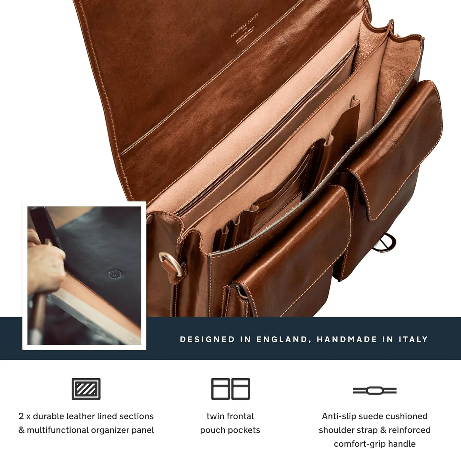 Maxwell Scott - Mens Luxury Leather Full Grain Satchel Briefcase Bag - 2 Section for Laptop - Handmade In Italy- The Jesolo2