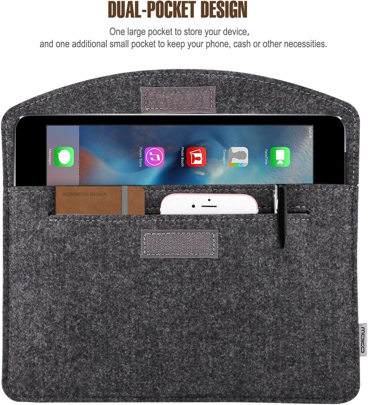 MoKo 7-8 Inch Sleeve Bag, Portable Carrying Protective Felt Tablet Case Cover Fits with iPad Mini (A17 Pro) 8.3" 2024, iPad Mini 6/5/4/3/2/1, Galaxy Tab S2 8.0, Tab A 8.0, ZenPad Z8s 7.9,Dark Gray