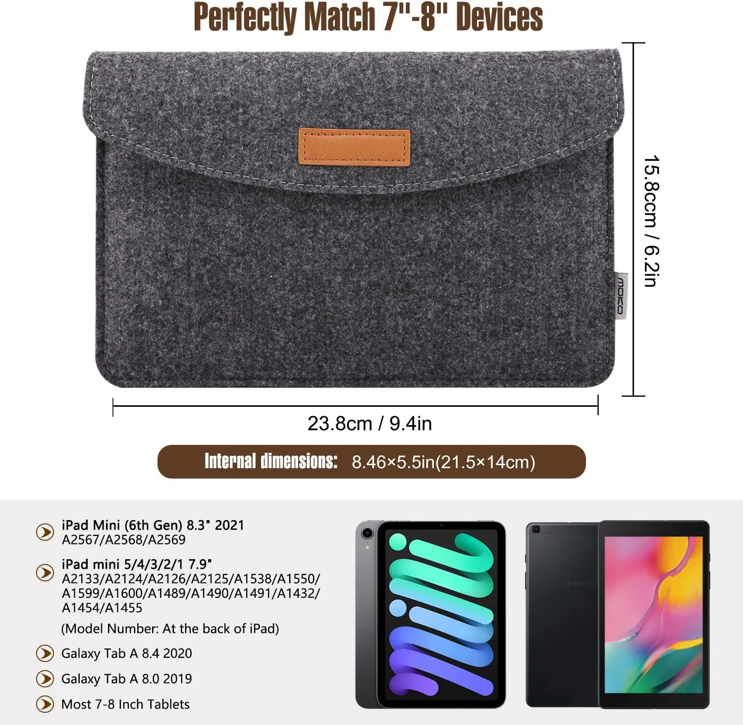 MoKo 7-8 Inch Sleeve Bag, Portable Carrying Protective Felt Tablet Case Cover Fits with iPad Mini (A17 Pro) 8.3" 2024, iPad Mini 6/5/4/3/2/1, Galaxy Tab S2 8.0, Tab A 8.0, ZenPad Z8s 7.9,Dark Gray