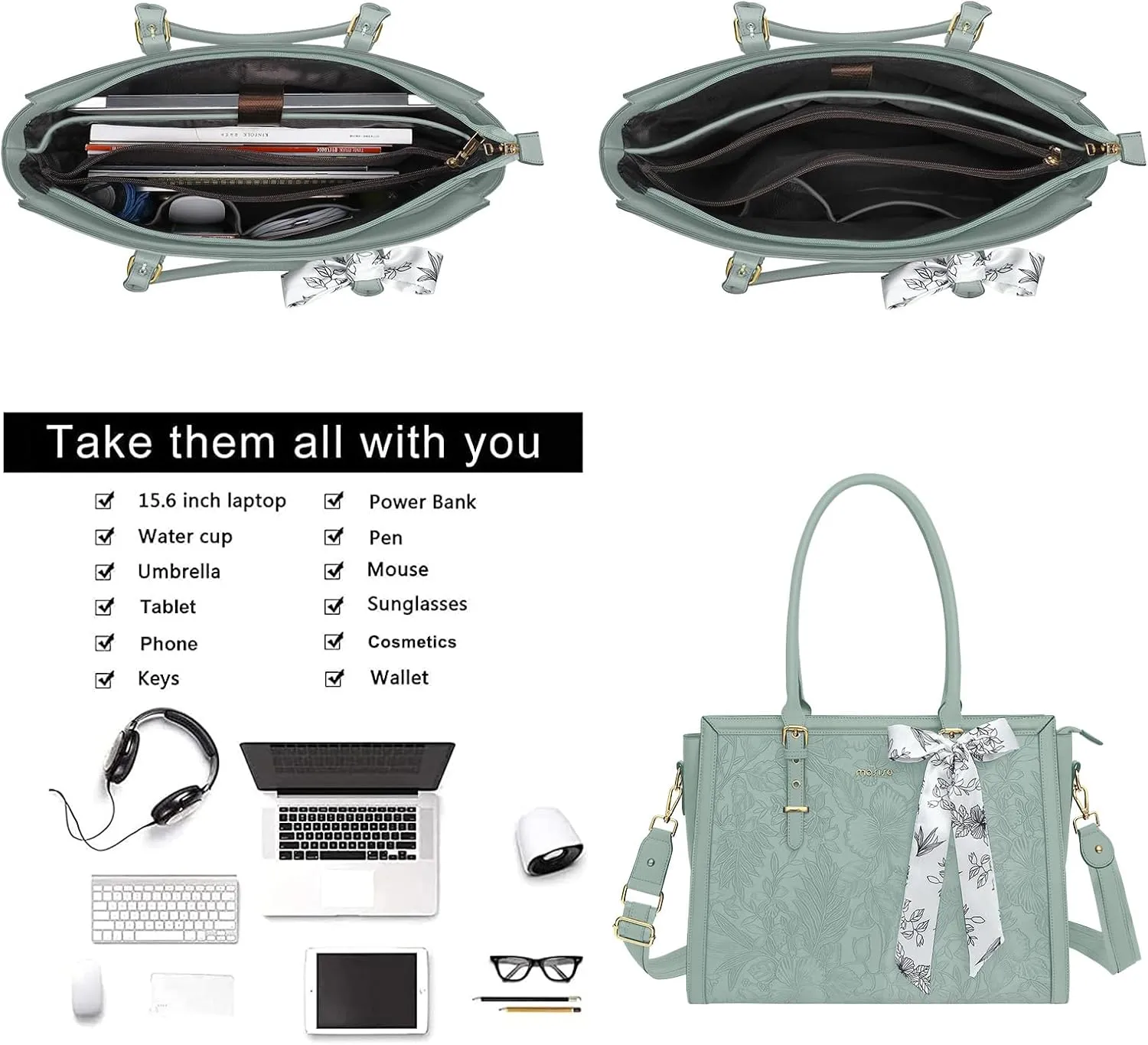 MOSISO Laptop Bag for Women, 17-17.3 inch PU Leather Tote Bag Compatible with MacBook, HP, Dell, Asus Notebook, Front Embossed Retro Hibiscus Computer Bag with Silk Scarf&Clutch Purse, Antique Green