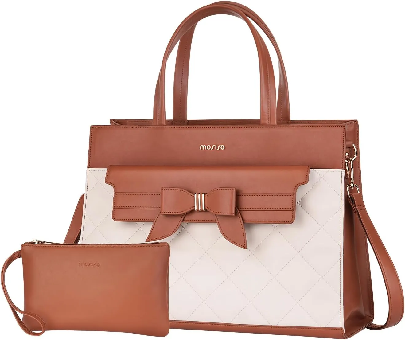 MOSISO Laptop Tote Bag, 15.6 inch PU Leather Flapover Pocket Tote Bag & Clutch Purse, Work Bag with Bowknot for Women, Waterproof Computer Briefcase for Business Office, Brown