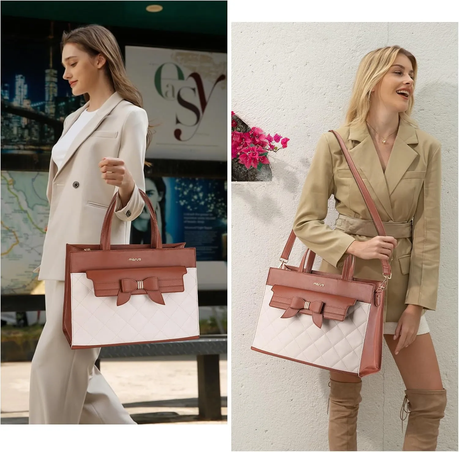MOSISO Laptop Tote Bag, 15.6 inch PU Leather Flapover Pocket Tote Bag & Clutch Purse, Work Bag with Bowknot for Women, Waterproof Computer Briefcase for Business Office, Brown