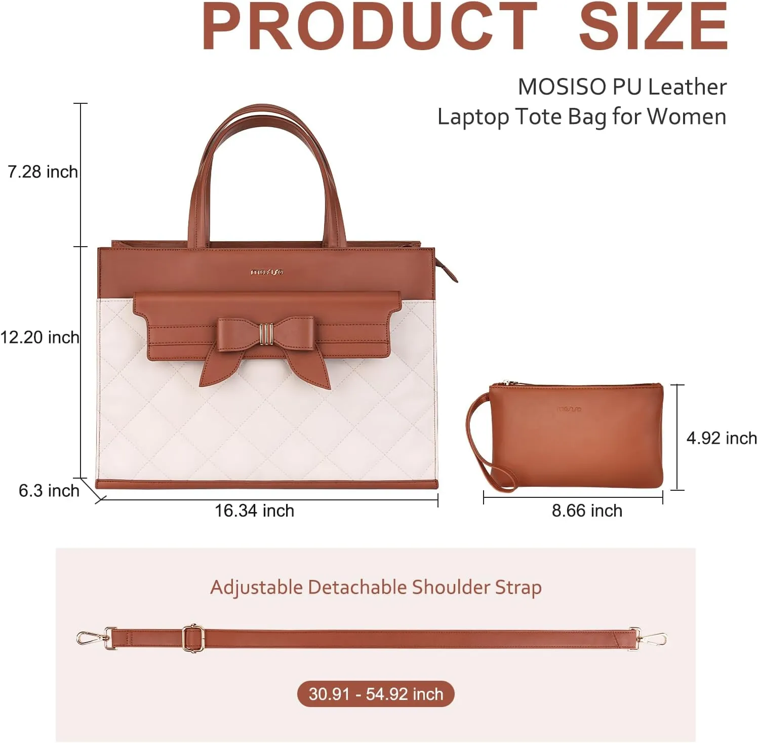 MOSISO Laptop Tote Bag, 15.6 inch PU Leather Flapover Pocket Tote Bag & Clutch Purse, Work Bag with Bowknot for Women, Waterproof Computer Briefcase for Business Office, Brown