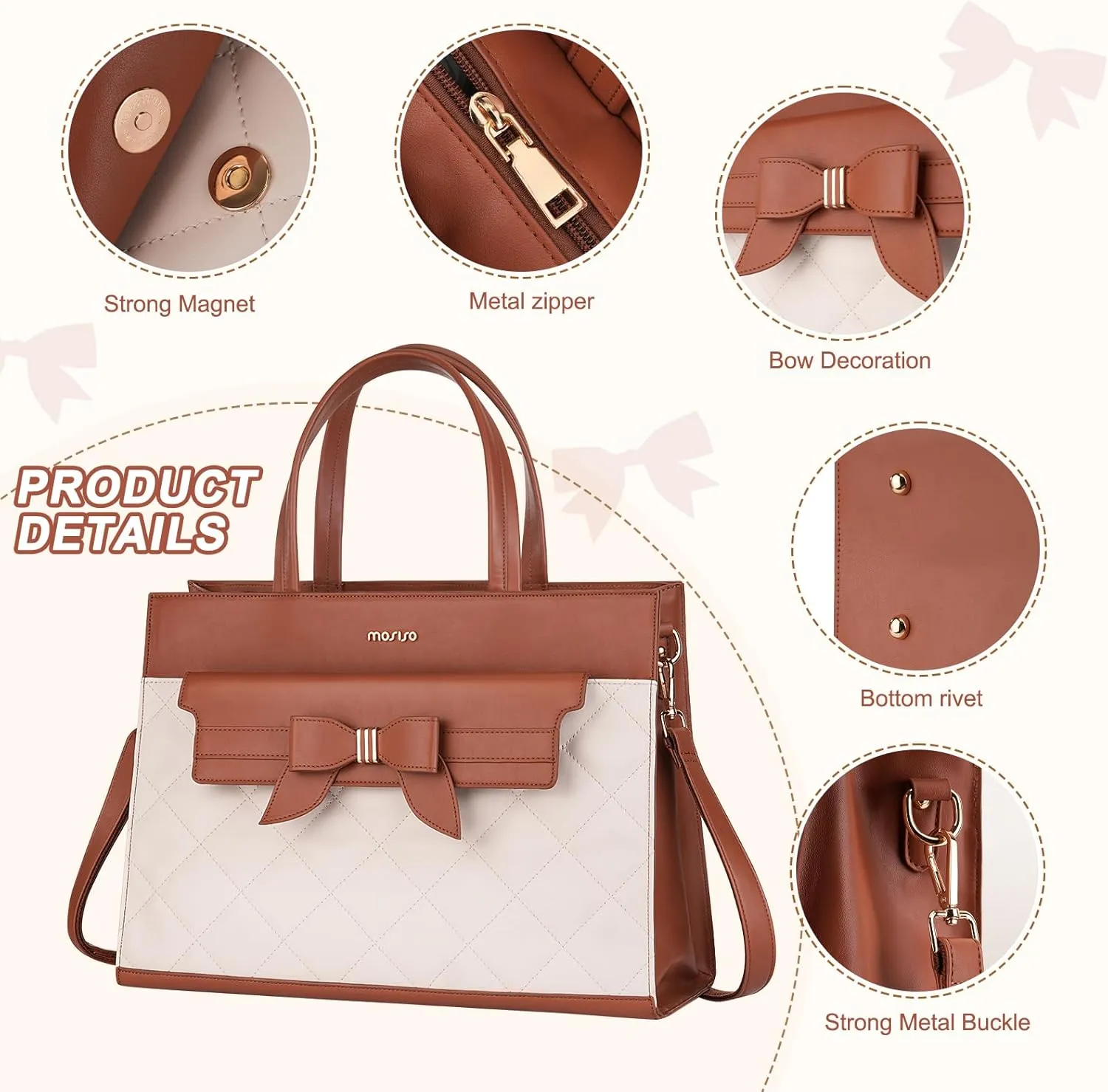 MOSISO Laptop Tote Bag, 15.6 inch PU Leather Flapover Pocket Tote Bag & Clutch Purse, Work Bag with Bowknot for Women, Waterproof Computer Briefcase for Business Office, Brown