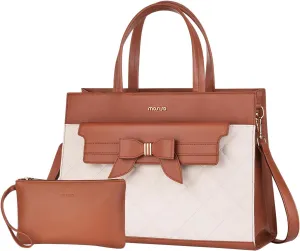 MOSISO Laptop Tote Bag, 15.6 inch PU Leather Flapover Pocket Tote Bag & Clutch Purse, Work Bag with Bowknot for Women, Waterproof Computer Briefcase for Business Office, Brown