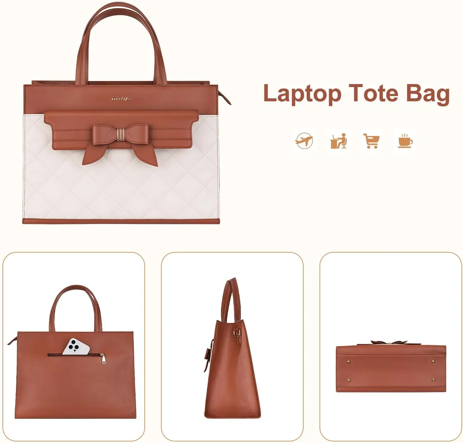 MOSISO Laptop Tote Bag, 15.6 inch PU Leather Flapover Pocket Tote Bag & Clutch Purse, Work Bag with Bowknot for Women, Waterproof Computer Briefcase for Business Office, Brown