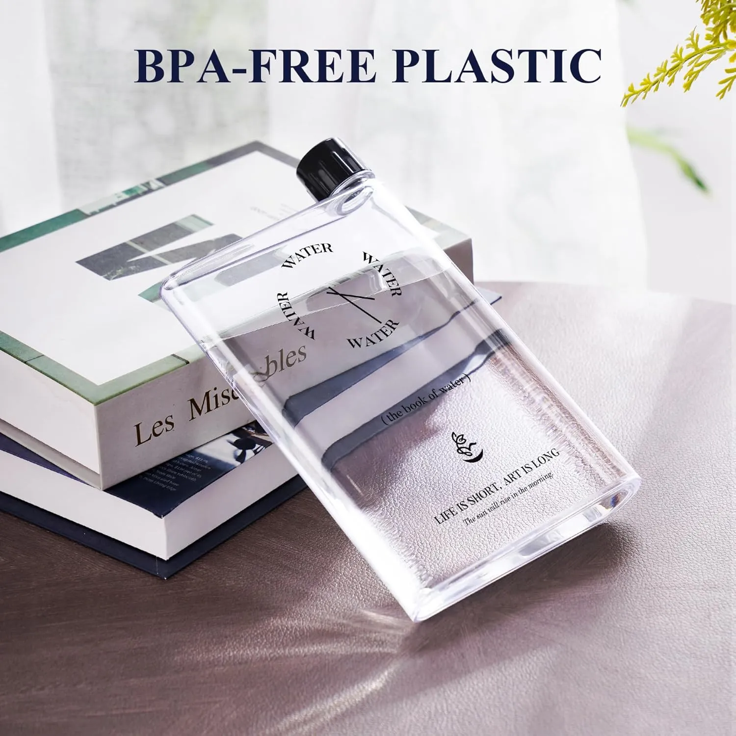 NiHome Flat Water Bottle for Purse 14.2oz, Small Water Bottle Plastic 420ml, Book Shaped Water Bottle Portable for Travel, Leak-Proof & BPA Free, Square Water Bottle Flat for Bag, Transparent