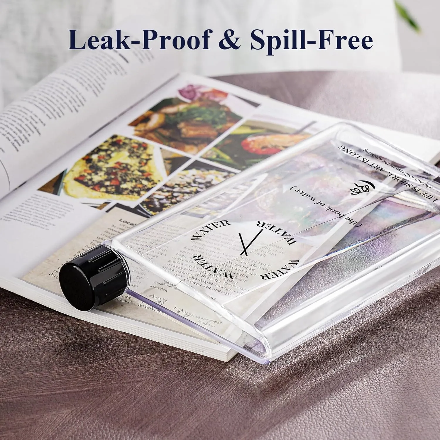 NiHome Flat Water Bottle for Purse 14.2oz, Small Water Bottle Plastic 420ml, Book Shaped Water Bottle Portable for Travel, Leak-Proof & BPA Free, Square Water Bottle Flat for Bag, Transparent