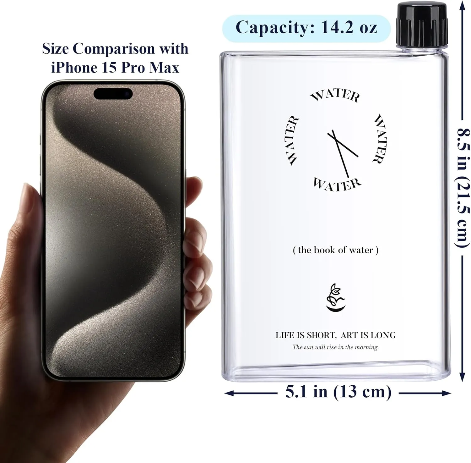 NiHome Flat Water Bottle for Purse 14.2oz, Small Water Bottle Plastic 420ml, Book Shaped Water Bottle Portable for Travel, Leak-Proof & BPA Free, Square Water Bottle Flat for Bag, Transparent