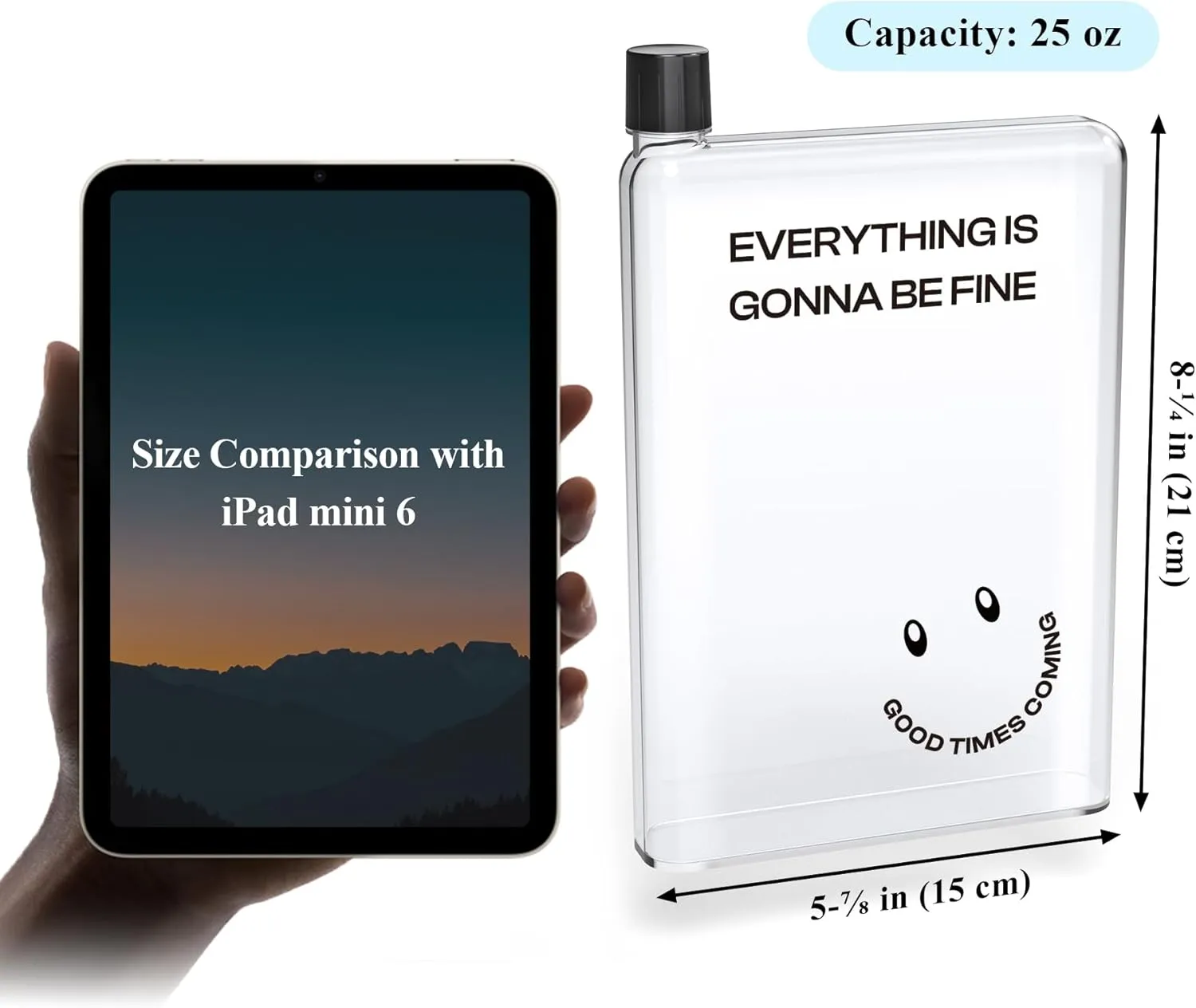 NiHome Flat Water Bottle for Purse 750ml/25oz, A5 Transparent Plastic Book-Shaped Portable for Travel, BPA-Free Leak-Proof Square for Bag (Smile)