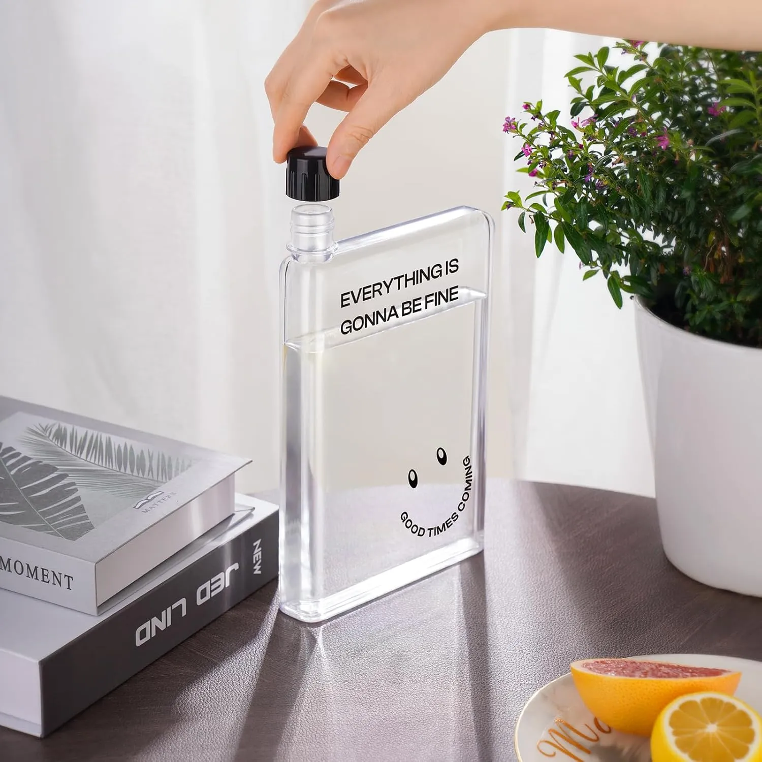 NiHome Flat Water Bottle for Purse 750ml/25oz, A5 Transparent Plastic Book-Shaped Portable for Travel, BPA-Free Leak-Proof Square for Bag (Smile)