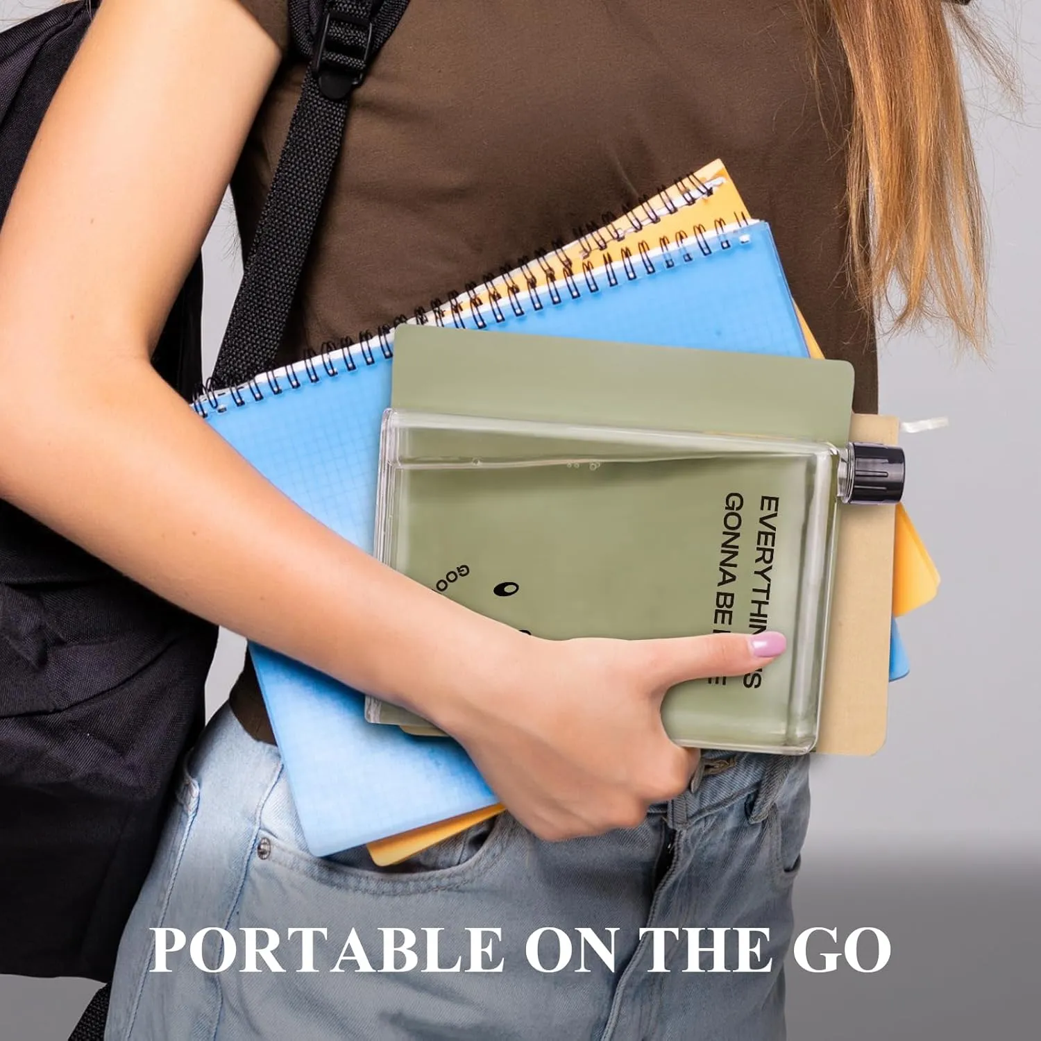 NiHome Flat Water Bottle for Purse 750ml/25oz, A5 Transparent Plastic Book-Shaped Portable for Travel, BPA-Free Leak-Proof Square for Bag (Smile)