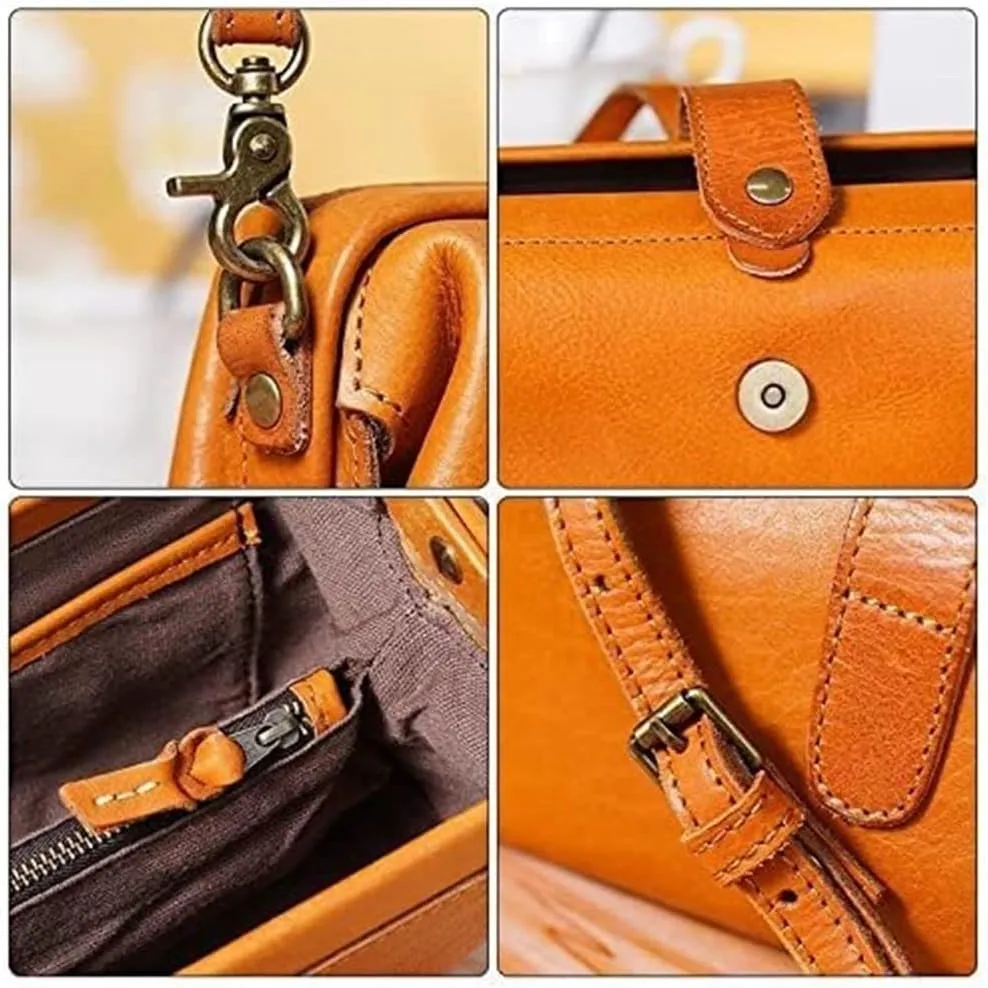 Retro Handmade Bag, Premium Leather Doctor Bag Crossbody, Unique Opening Women Shoulder Purses Commuter Bag (Brown)