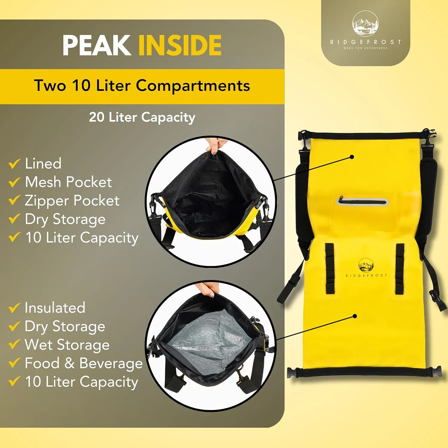 Ridgefrost 20L Dry Bag | Waterproof w/2 Compartments | Dry Bag for Beach & More | Lightweight Roll-Top & Roll-Bottom backpack