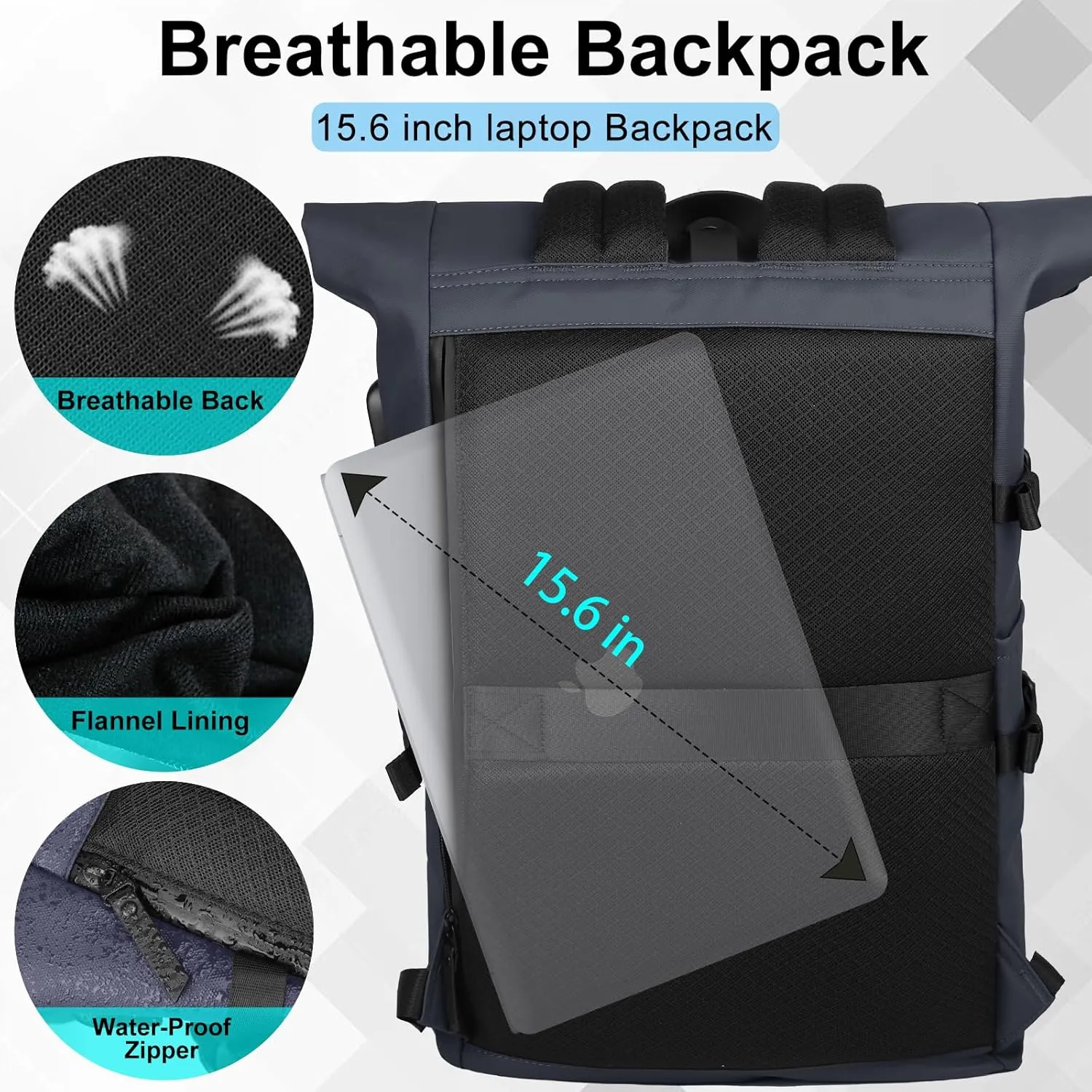 Roll Top Laptop Backpack for Men Women, Expandable Casual Daypack for 15.6 Inch Macbook Water-Resistant Commuter Laptop Rucksack Large Capacity Adjustable 18-27L for Work Business College-Blue