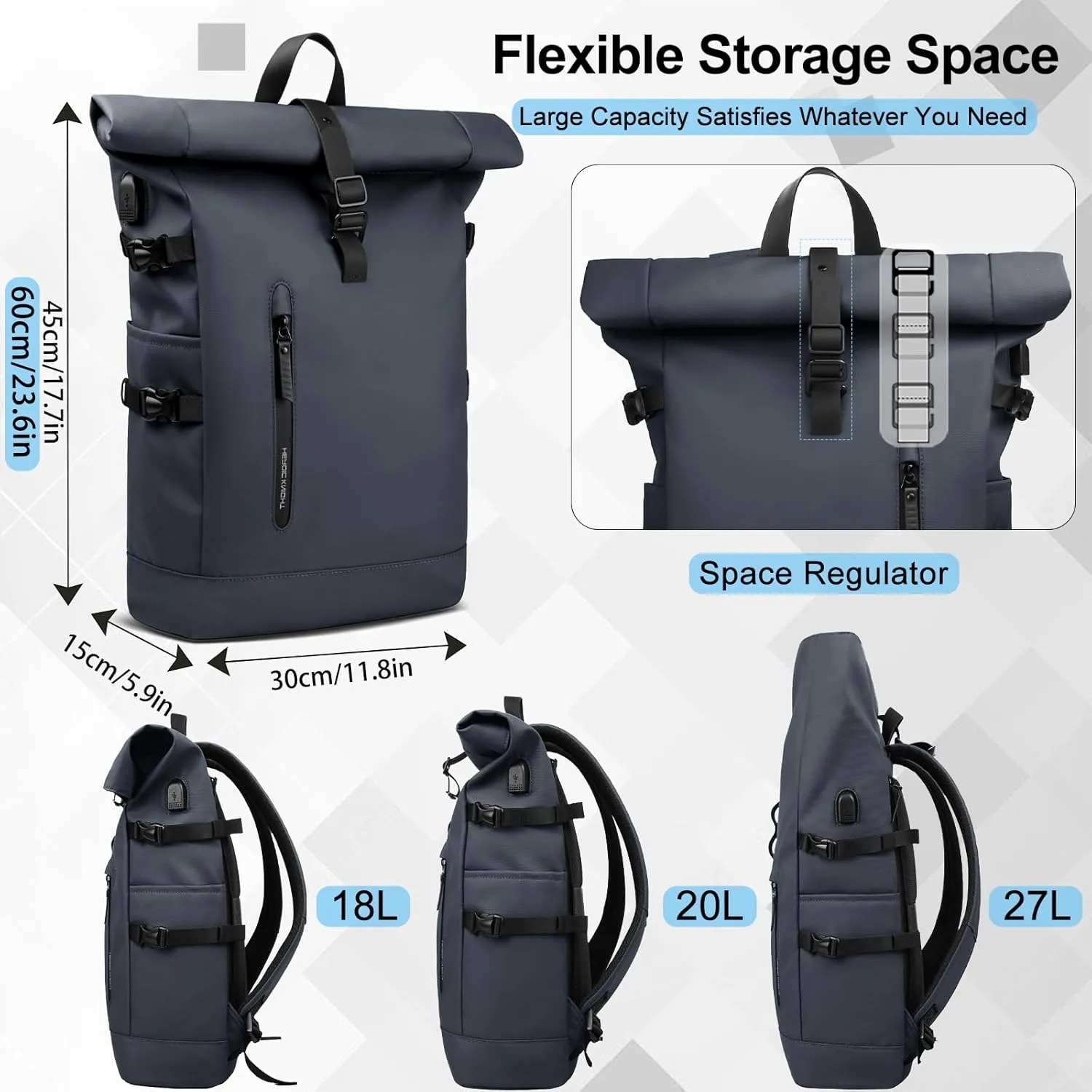 Roll Top Laptop Backpack for Men Women, Expandable Casual Daypack for 15.6 Inch Macbook Water-Resistant Commuter Laptop Rucksack Large Capacity Adjustable 18-27L for Work Business College-Blue