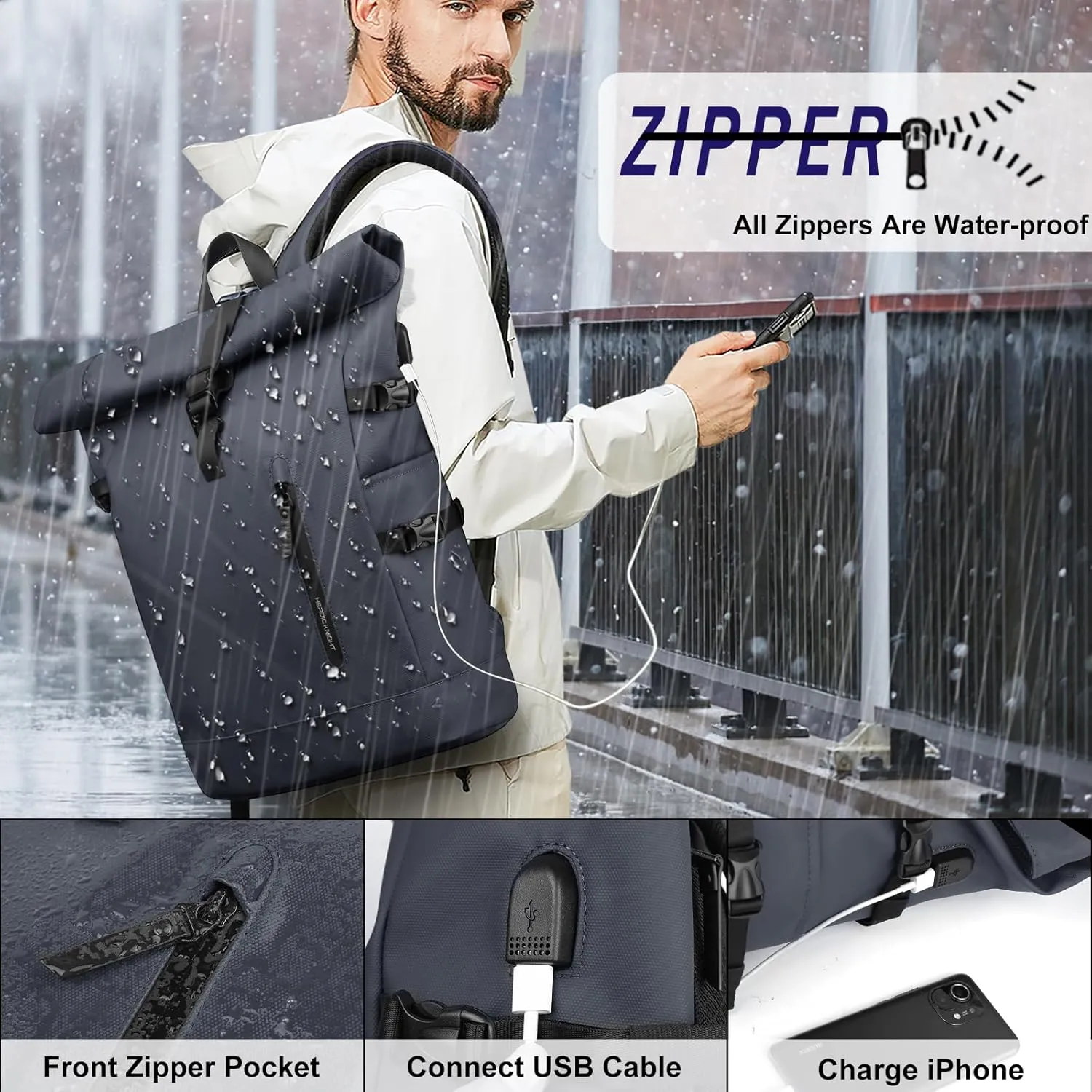 Roll Top Laptop Backpack for Men Women, Expandable Casual Daypack for 15.6 Inch Macbook Water-Resistant Commuter Laptop Rucksack Large Capacity Adjustable 18-27L for Work Business College-Blue