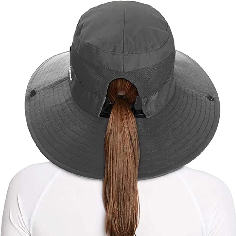 Rosoz Ponytail Sun Bucket Hats for Women UV Protection Foldable Mesh Wide Brim Hiking Beach Fishing Summer Safari