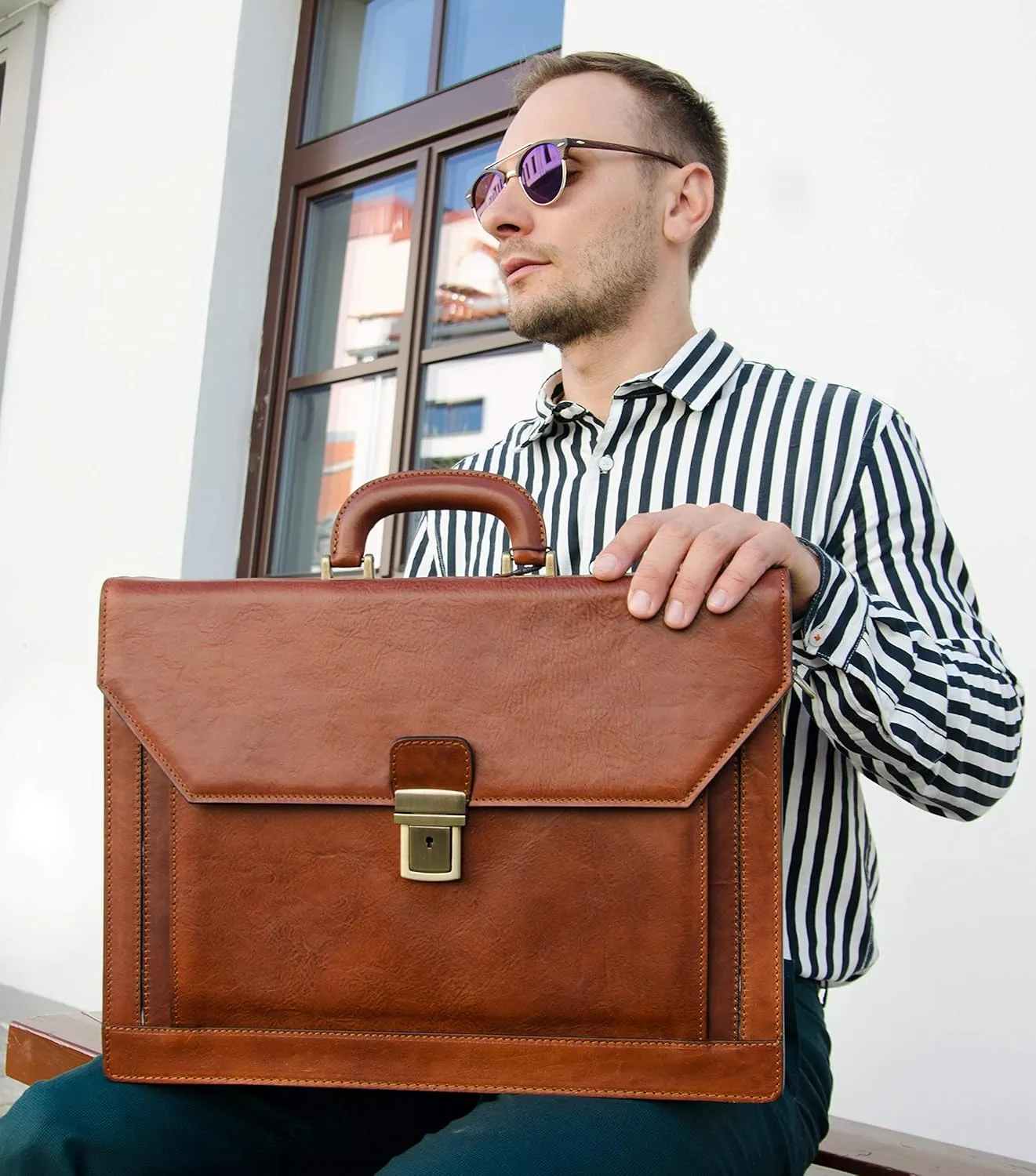 Time Resistance Leather Briefcase - Italian Handmade Laptop Bag - Work Bag for Men and Women - Attache - Computer Bag