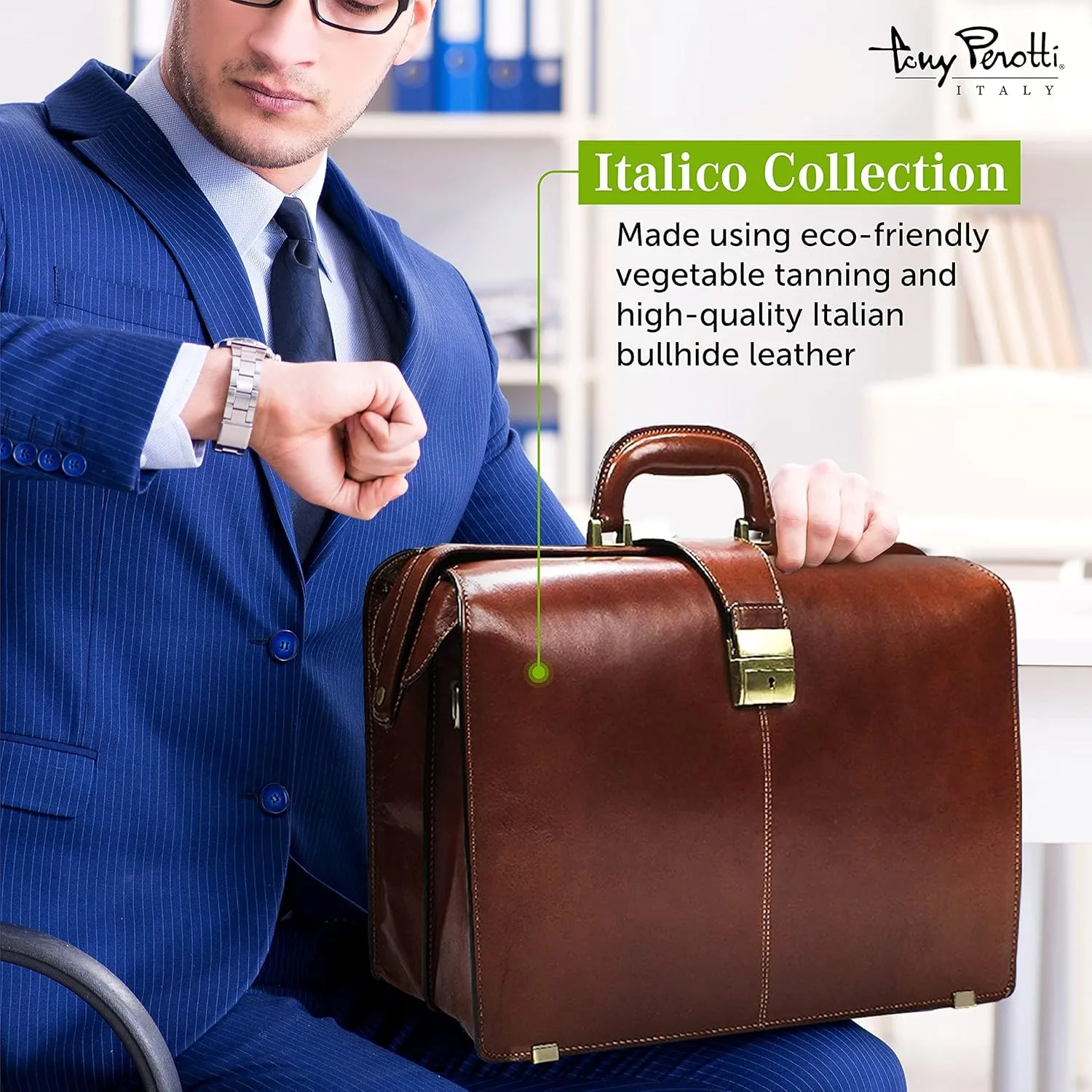 Tony Perotti Benevento Italian Leather Professional Briefcase for Men - Double-Compartment Lawyer's Hardcover Briefcases