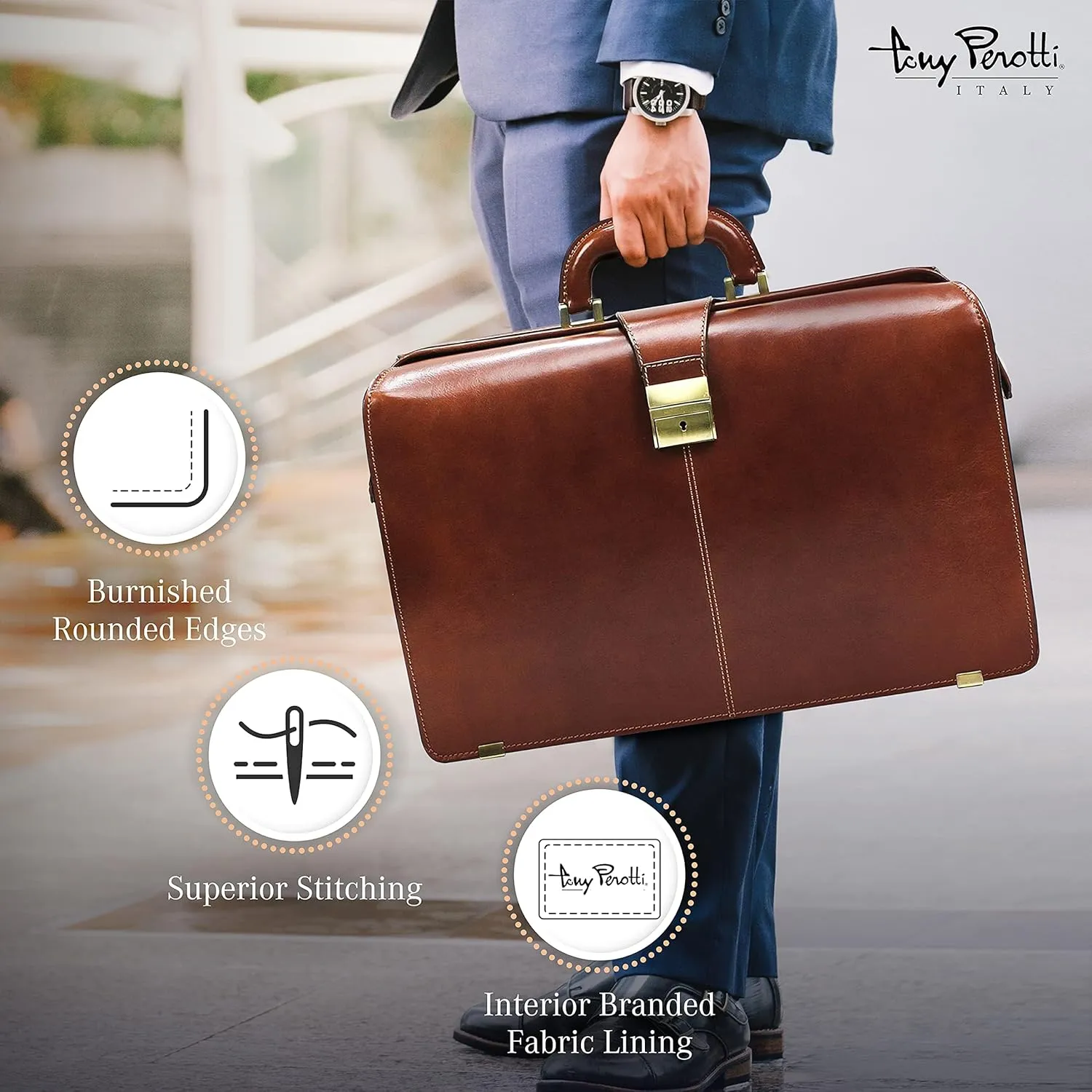 Tony Perotti Benevento Italian Leather Professional Briefcase for Men - Double-Compartment Lawyer's Hardcover Briefcases