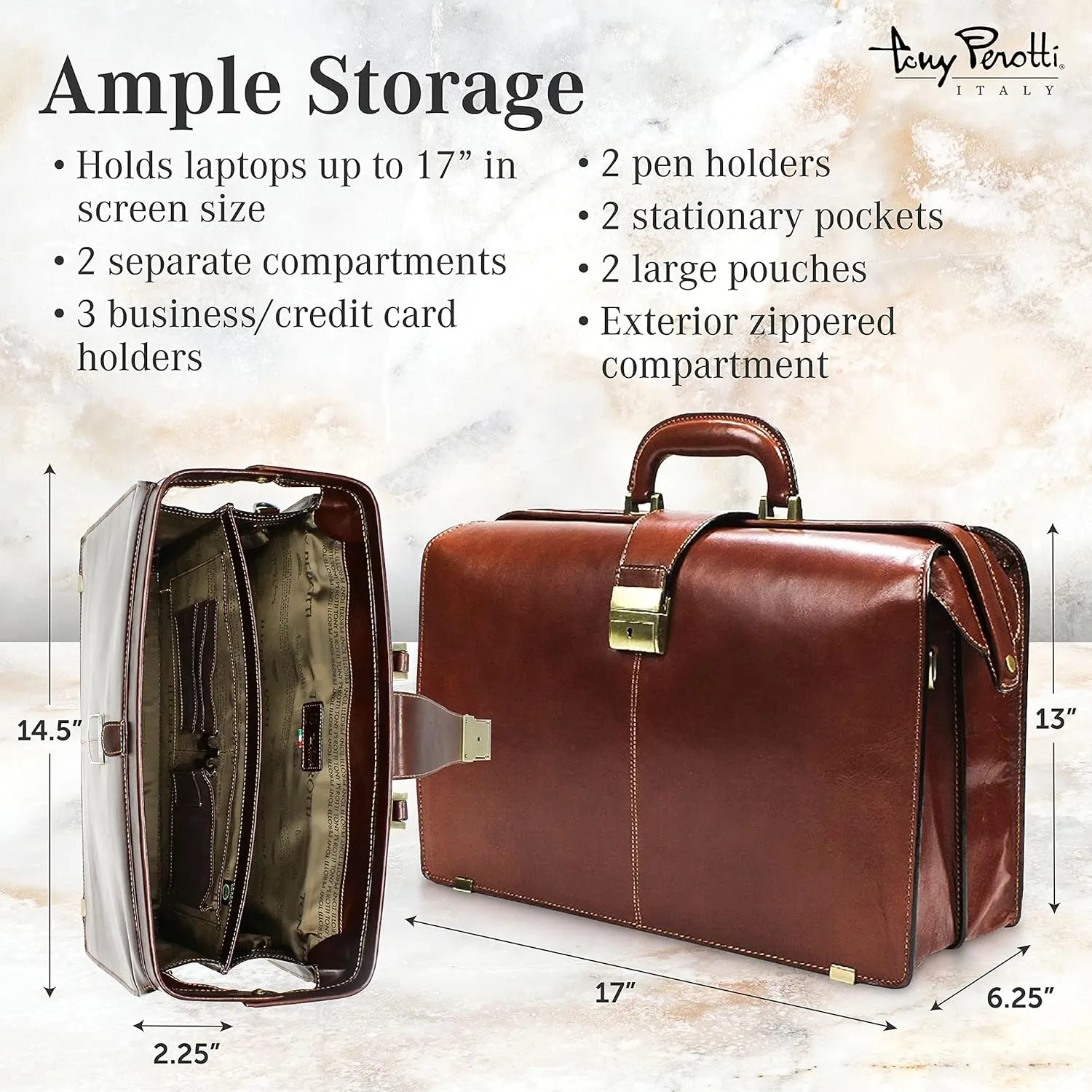 Tony Perotti Benevento Italian Leather Professional Briefcase for Men - Double-Compartment Lawyer's Hardcover Briefcases