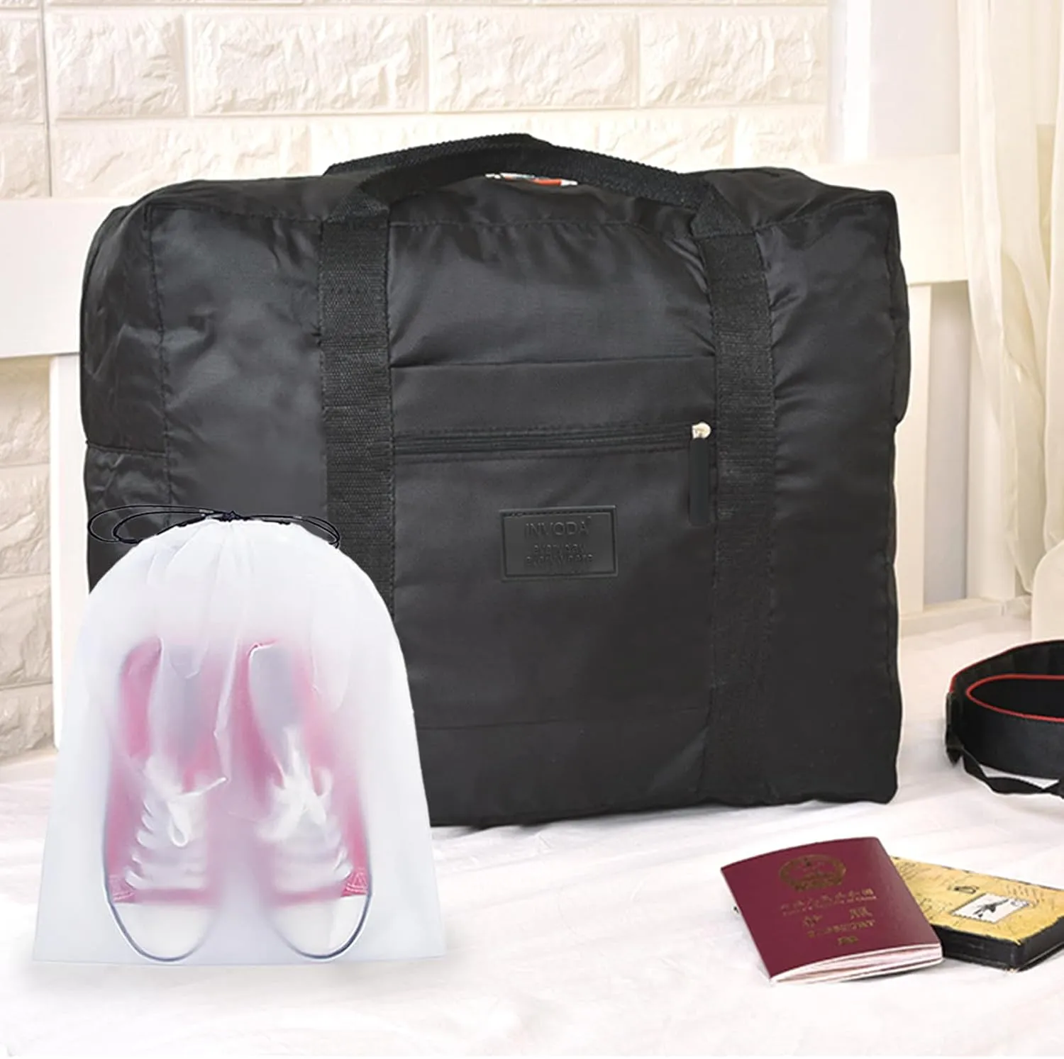 Travel Bag Foldable Luggage Bag for Spirit Airlines Tote Carry on Duffle Bag Sports Gym Water Resistant Personal Item Bag Weekender Overnight Bag (Black)