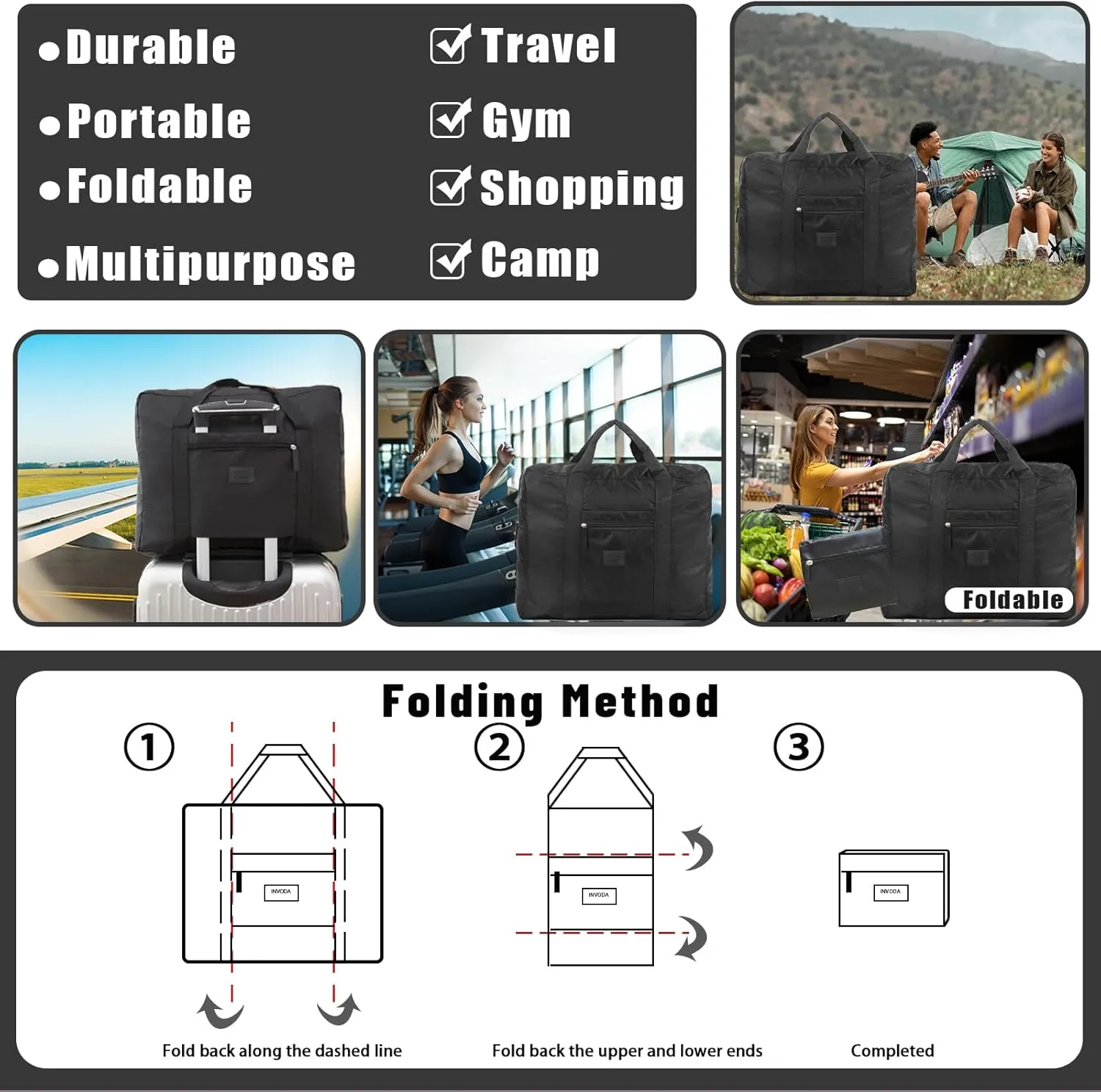 Travel Bag Foldable Luggage Bag for Spirit Airlines Tote Carry on Duffle Bag Sports Gym Water Resistant Personal Item Bag Weekender Overnight Bag (Black)