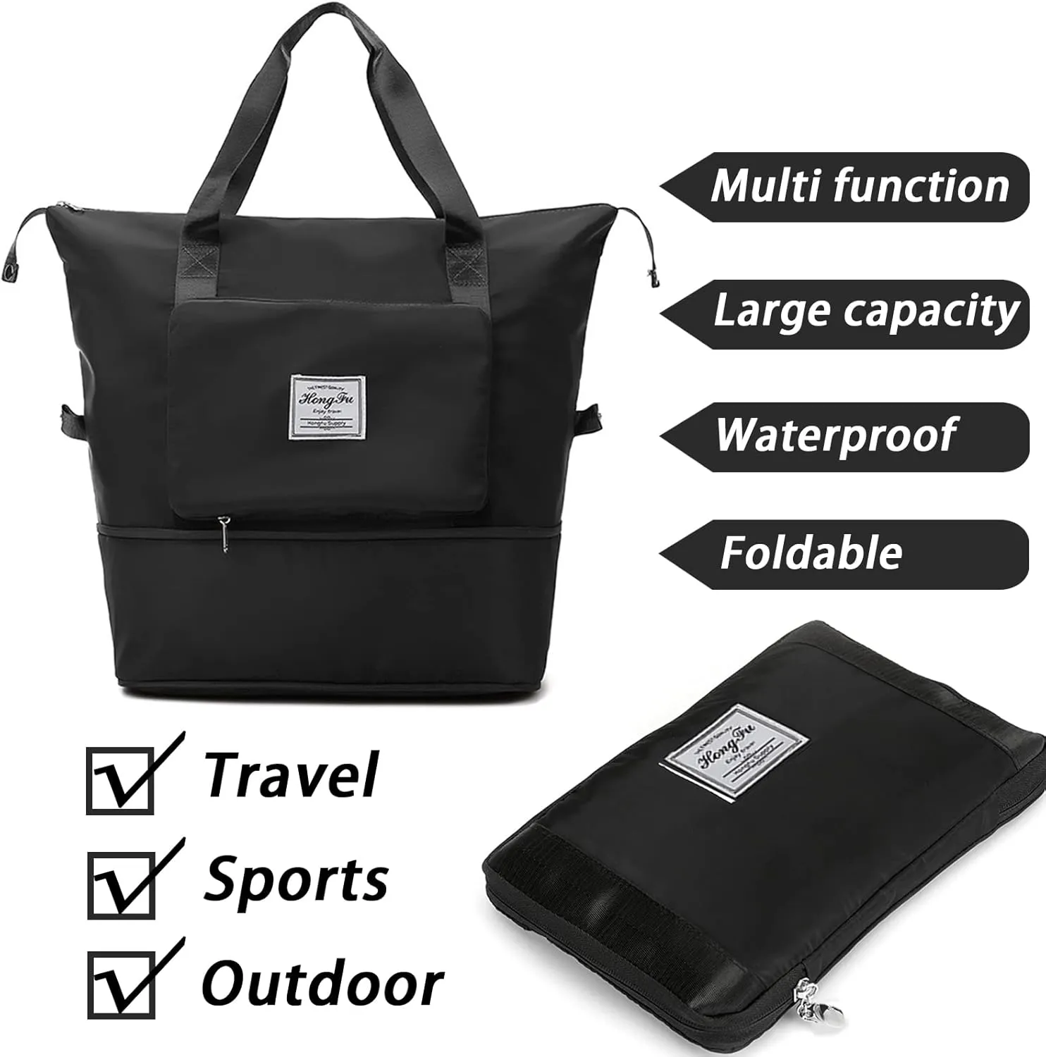 Travel Bag for Women Expandable Weekender Overnight Bag Carry on Sports Tote Gym Bag Waterproof Foldable Duffel Bag (Black)