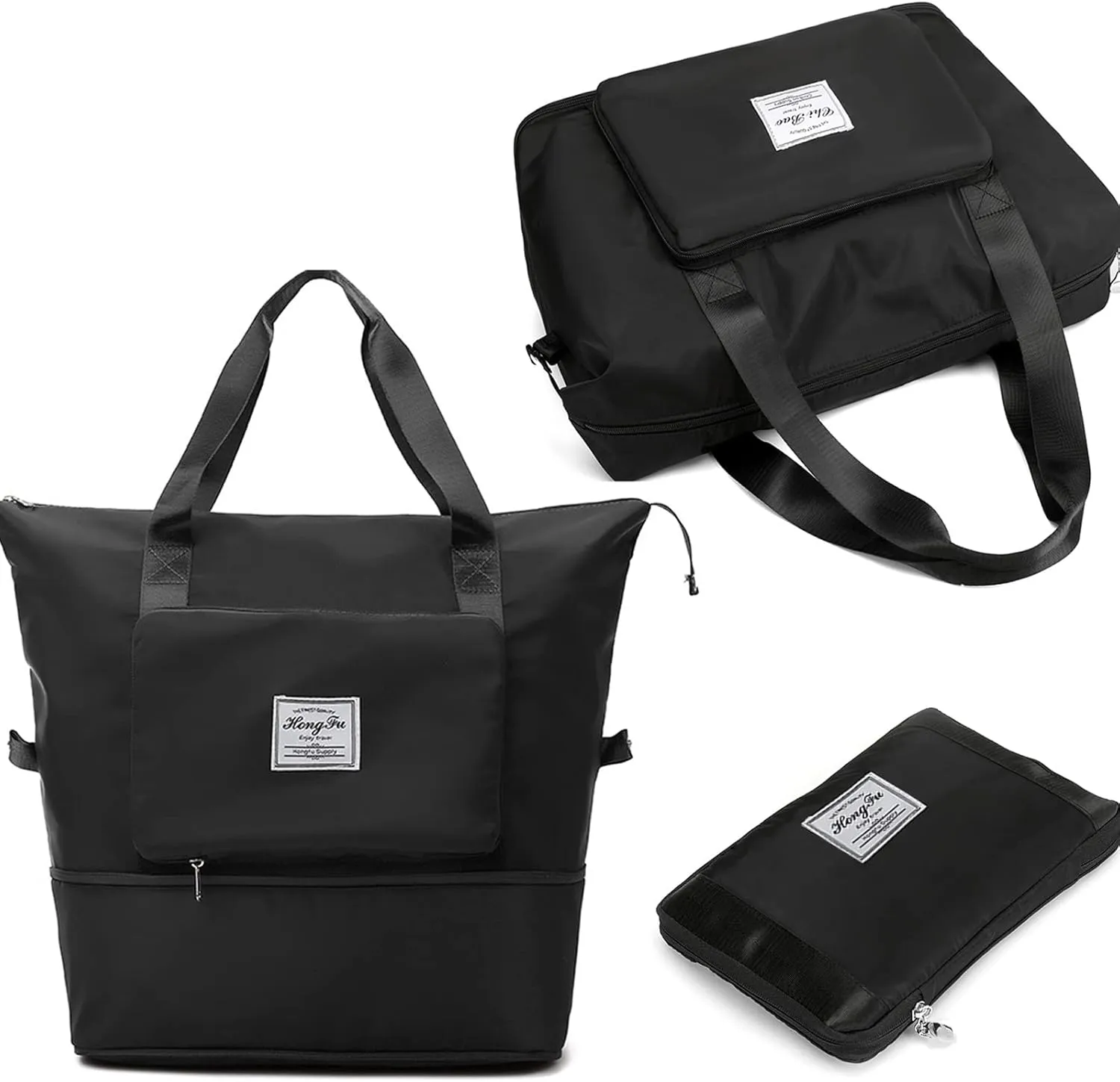 Travel Bag for Women Expandable Weekender Overnight Bag Carry on Sports Tote Gym Bag Waterproof Foldable Duffel Bag (Black)