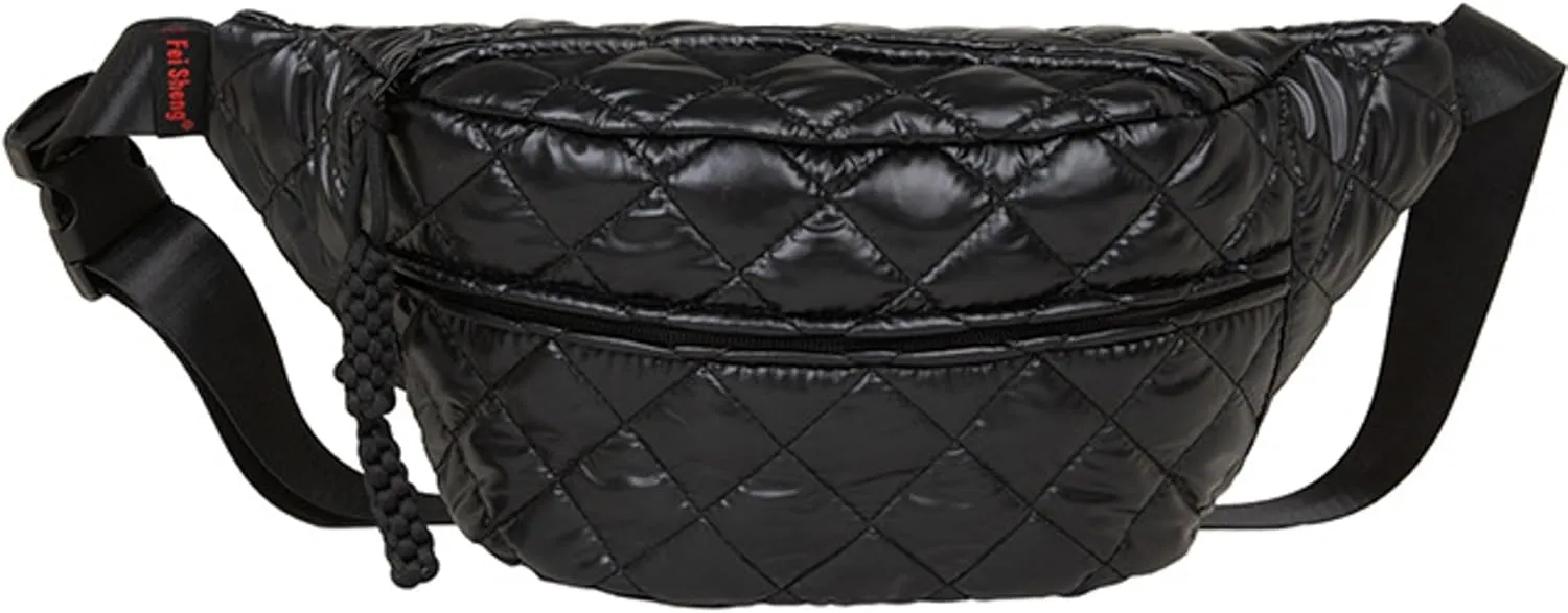 TWO KAT Metalic Quilted Chest Fanny Pack Crossbody Bag with Multi Pockets & Adjustable Strap, Fashionable Men Women Sling Backpack, Casual Waist Belt bag (Black)