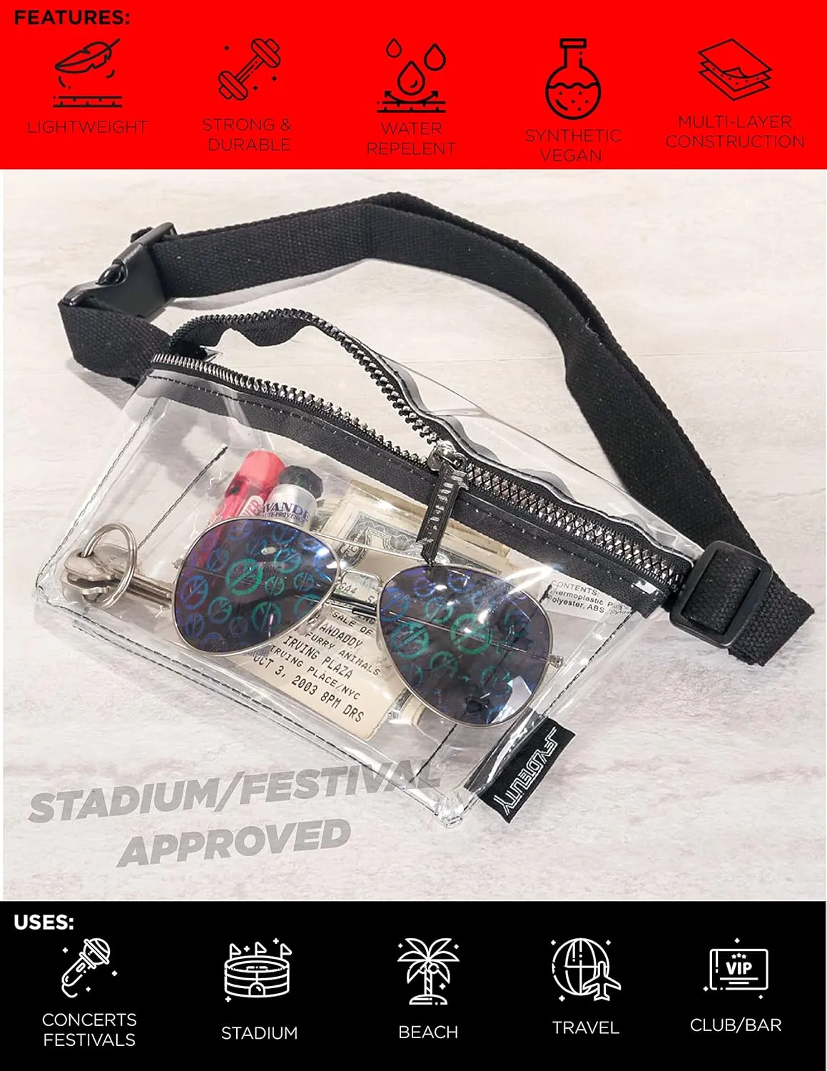 Ultra-Slim Clear Waist Pack, Stadium Approved, Plus Size for Women & Men, Crystal Clear, Water Resistant, Belt Bag for Festivals, Concerts, Raves, Travel