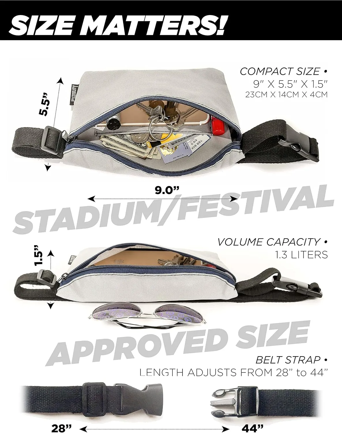 Ultra-Slim Clear Waist Pack, Stadium Approved, Plus Size for Women & Men, Crystal Clear, Water Resistant, Belt Bag for Festivals, Concerts, Raves, Travel