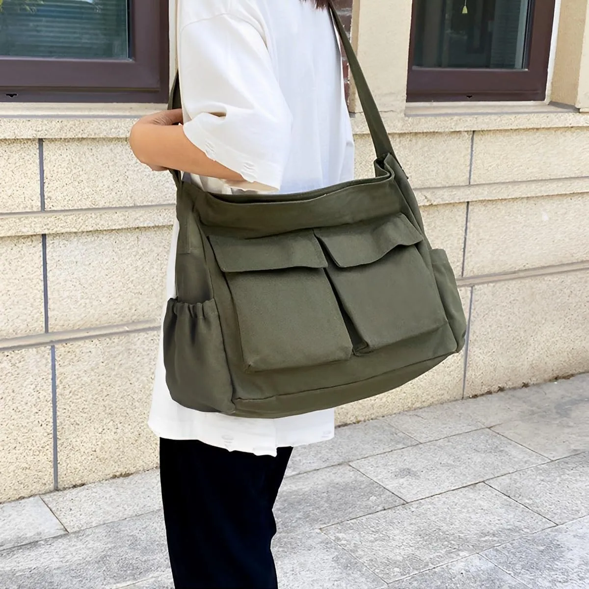 VODIU Messenger Bag Large Canvas Hobo Crossbody Tote for Women/Men, Shoulder Laptop Bag with Multi Pockets for Work,Travel