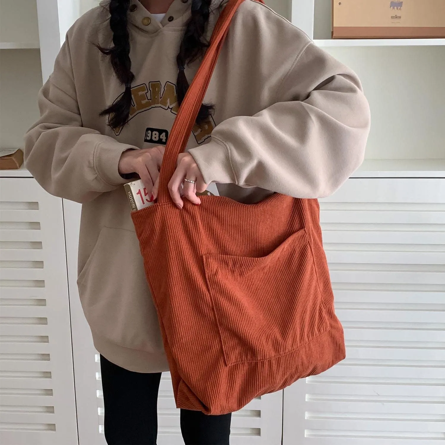WantGor Women Corduroy Tote Bag, Large Shoulder Hobo Bags Casual Handbags Big Capacity Shopping Work Bag