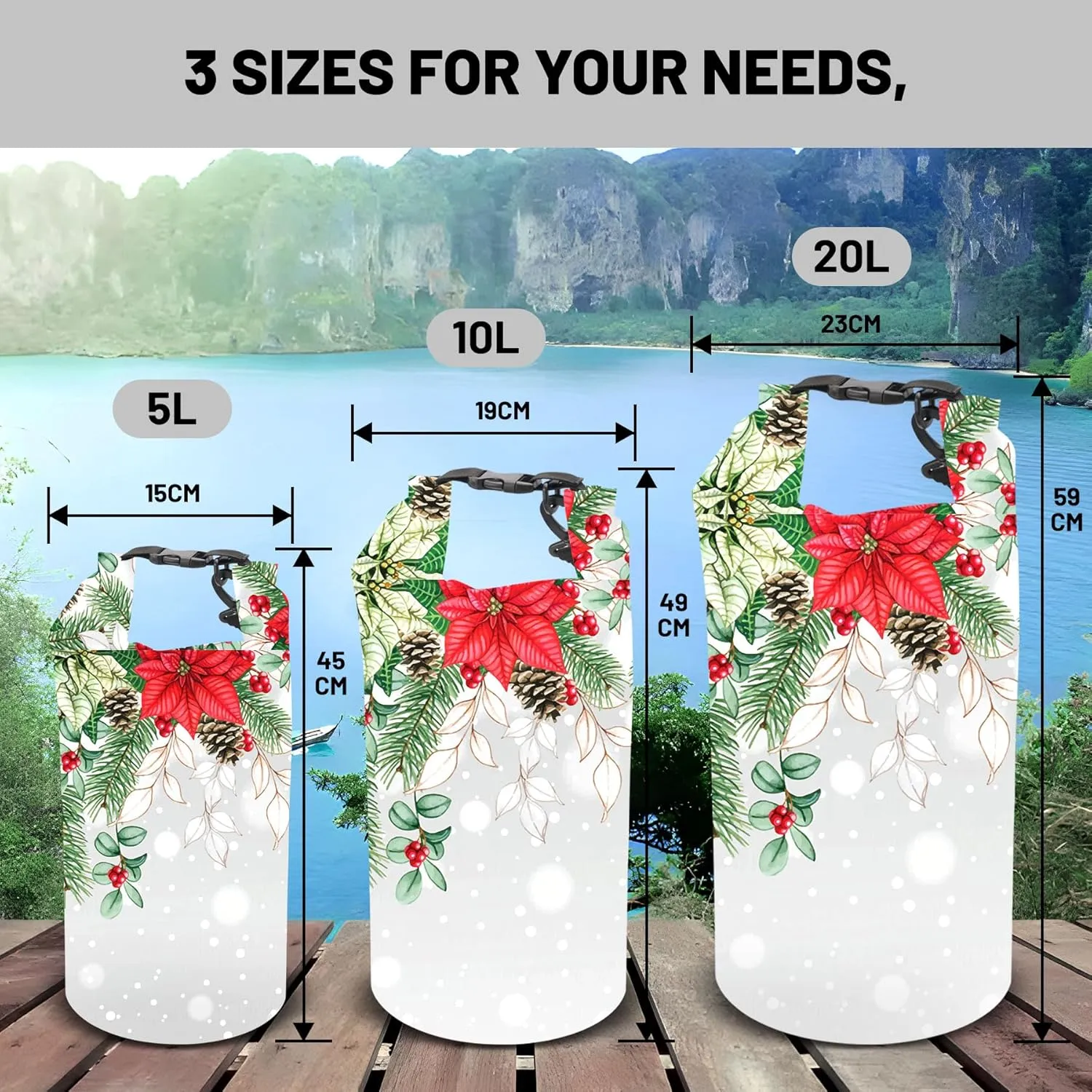 Waterproof Dry Bag,Roll Top Christmas Poinsettia Flower Pine Cones Small Waterproof Backpack 5L/10L/20L Floating and Lightweight Bags for Kayaking, Boating, Fishing, Swimming and Camping